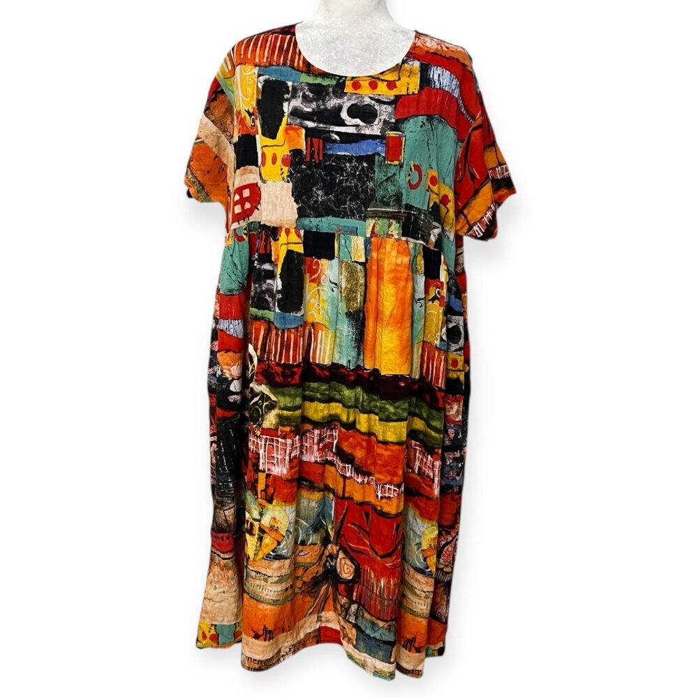 ELLA ZHU Women’s Abstract Art Print Dress Size L – Colorful Rayon Boho Summer